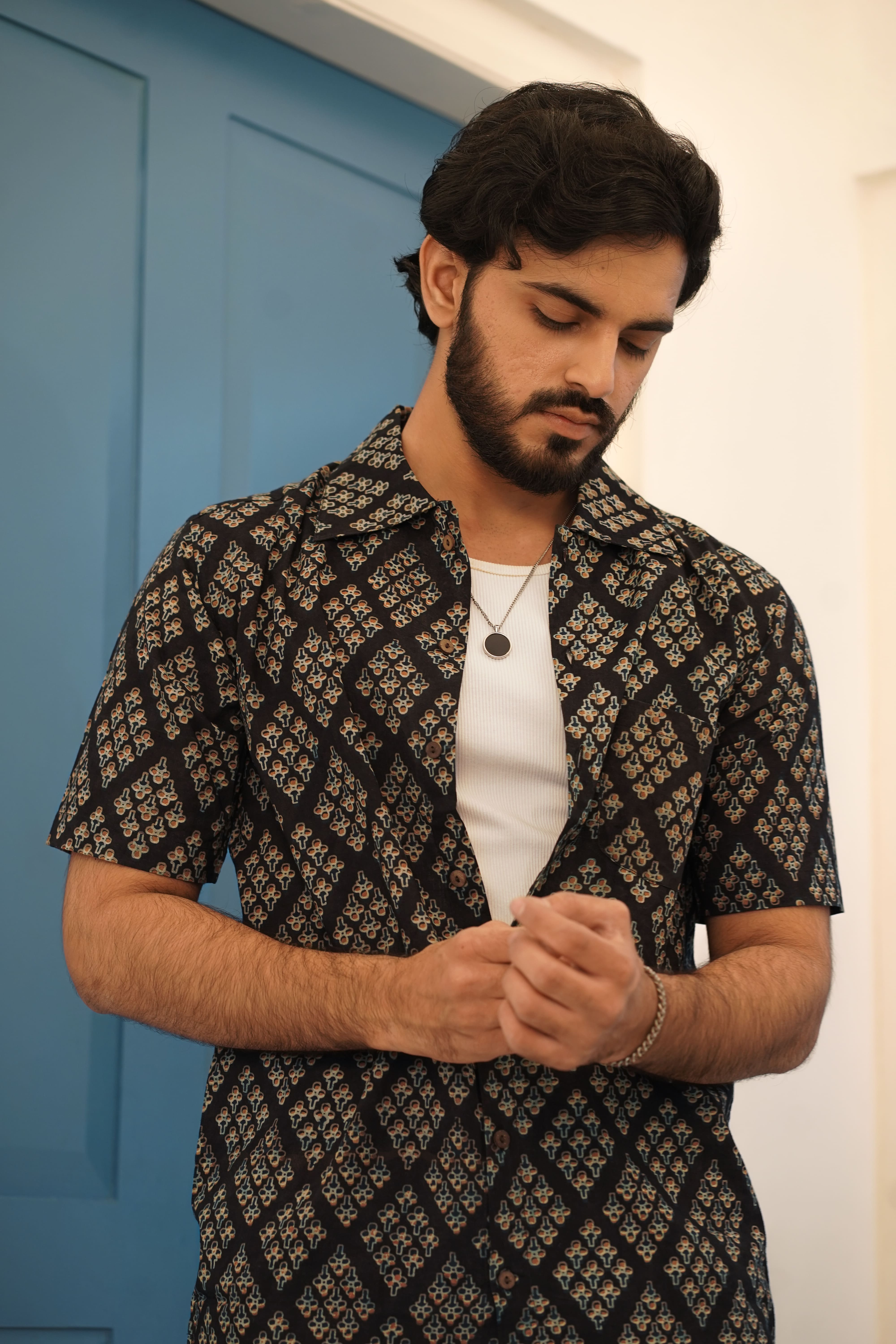 AJRAK SYAHI JAALI SHIRT – Tatvam - Crafted In India