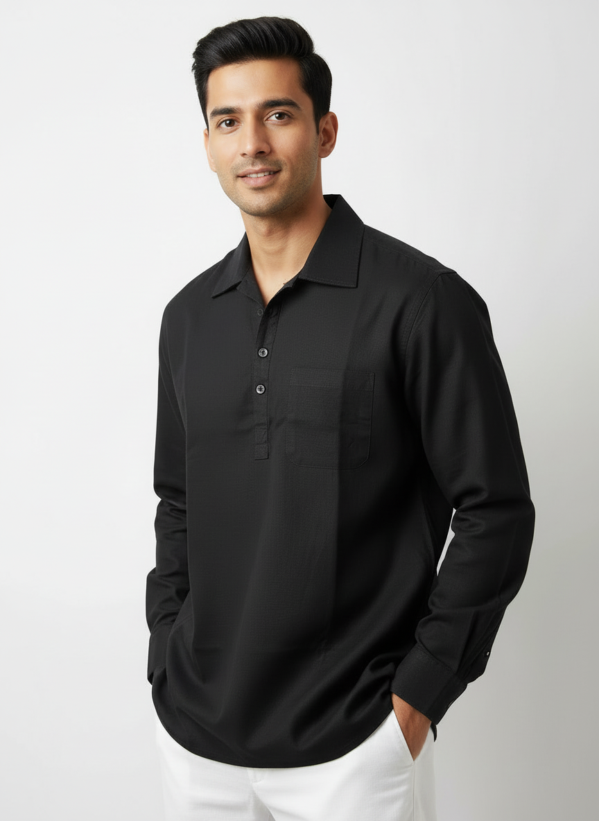 Classic Black Cotton Short Kurta