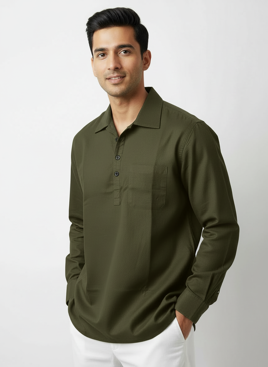 Olive Green Cotton Short Kurta