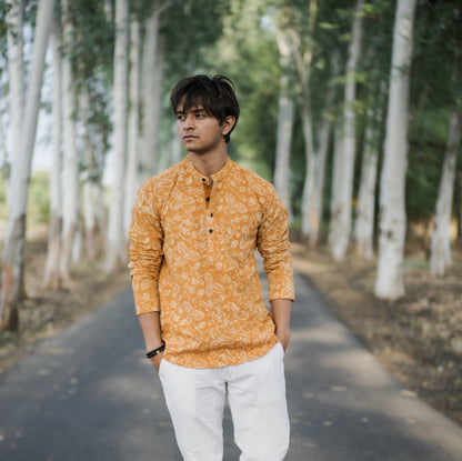 Orange Leaf Flower Short Kurta